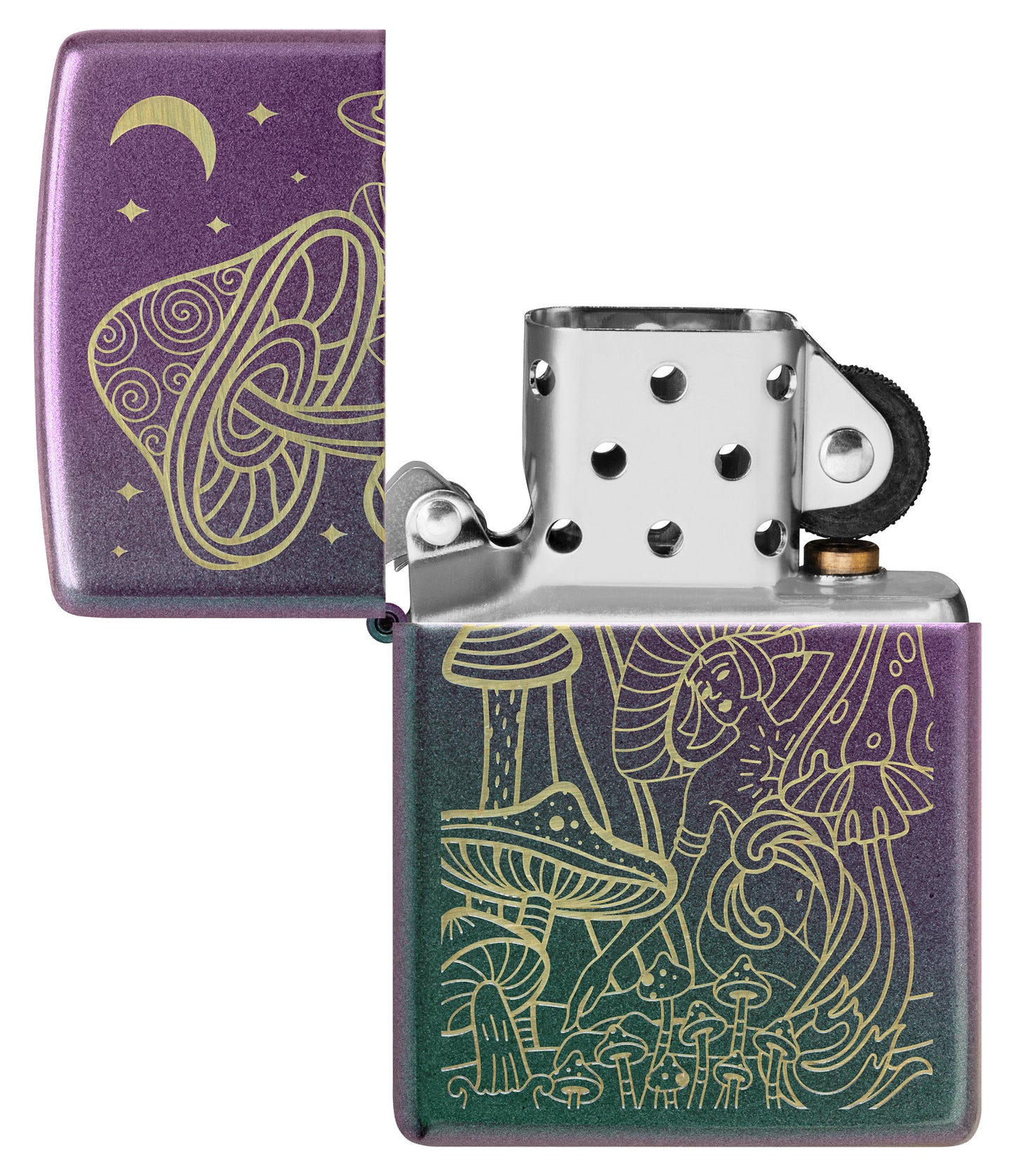 Zippo Laser Mushrooms Design Iridescent Windproof Lighter with its lid open and unlit.