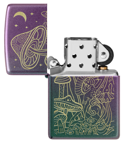 Zippo Laser Mushrooms Design Iridescent Windproof Lighter with its lid open and unlit.