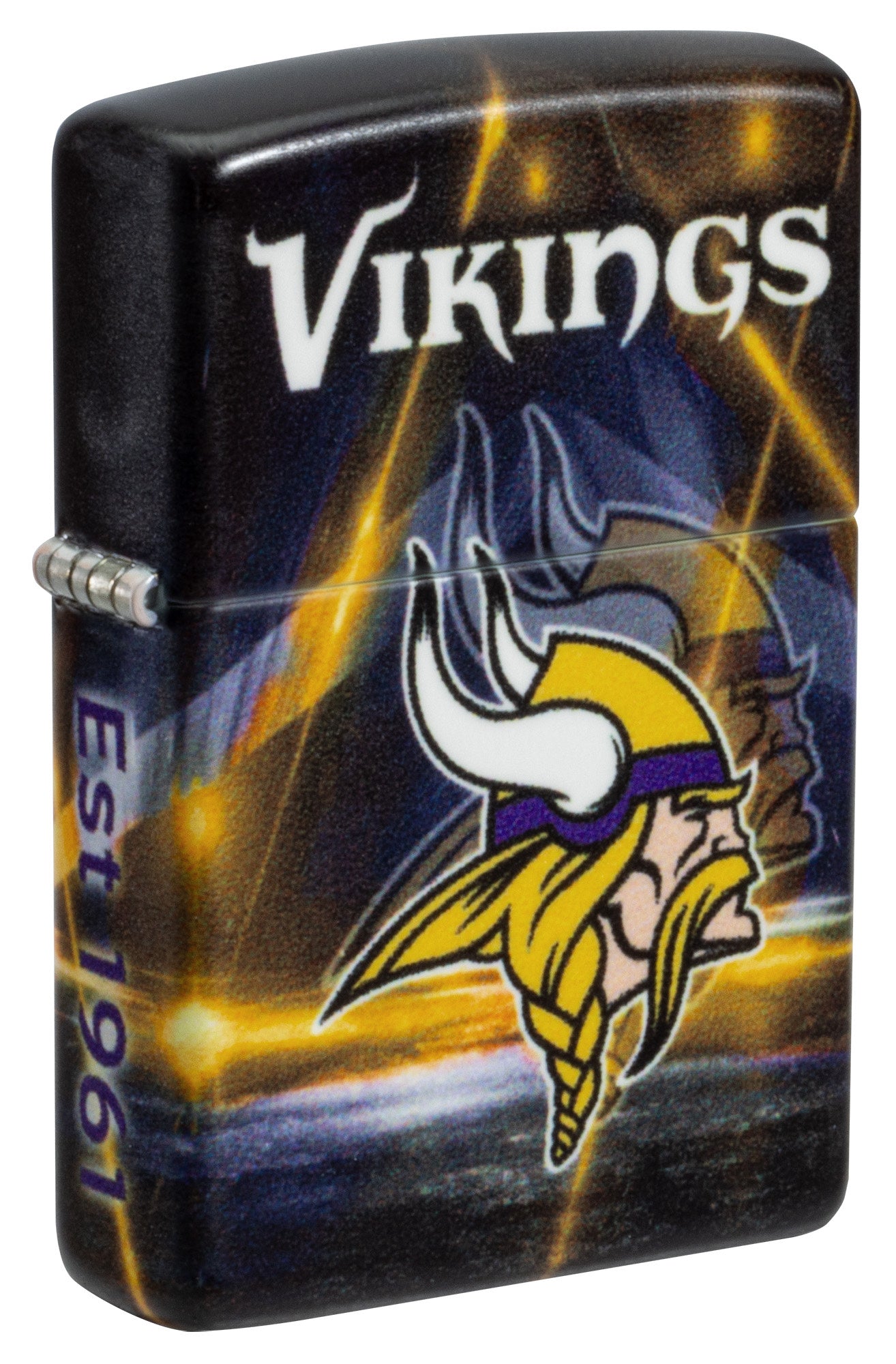 Front shot of Zippo NFL Minnesota Vikings 540 Matte Windproof Lighter standing at a 3/4 angle.