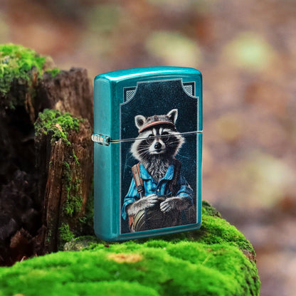 Lifestyle image of Zippo Refined Raccoon Design Translucent Candy Teal Windproof Lighter standing at a 3/4 angle on an old mossy tree stump, showing the front and hinge side of the lighter. 

