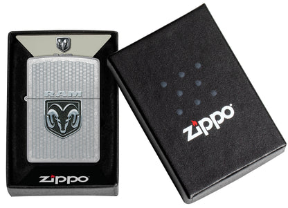 Zippo Dodge RAM Design Street Chrome Windproof Lighter in its packaging.