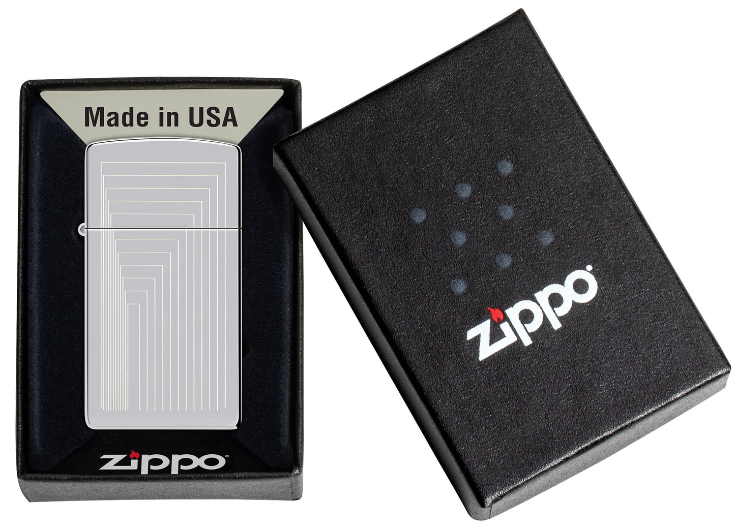 Zippo Slim® Laser Pattern Design High Polish Chrome Windproof Lighter in its packaging.