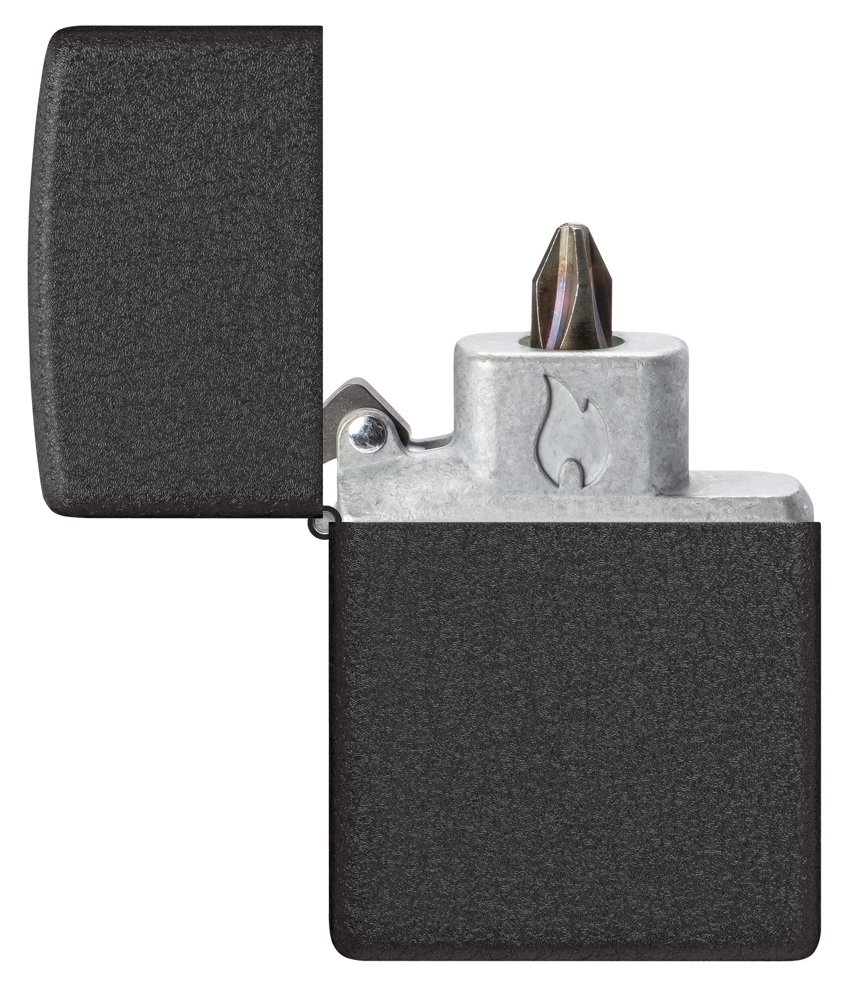Zippo Classic Black Crackle® Windproof Lighter with its lid open and showing the Bit Safe Screwdriver USA. 
