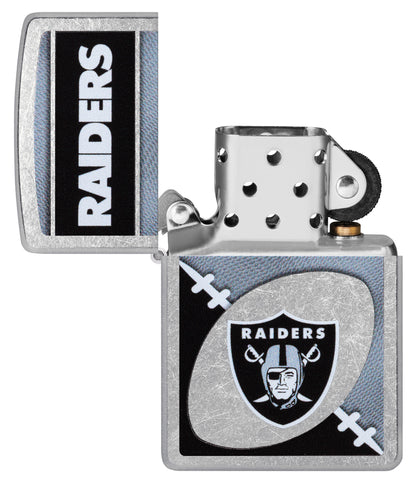 Zippo NFL Las Vegas Raiders Street Chrome Windproof Lighter with its lid open and unlit.