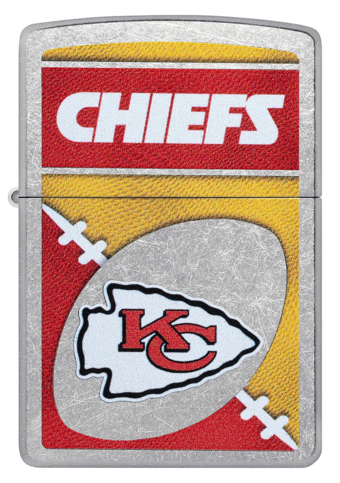 Front view of Zippo NFL Kansas City Chiefs Street Chrome Windproof Lighter.