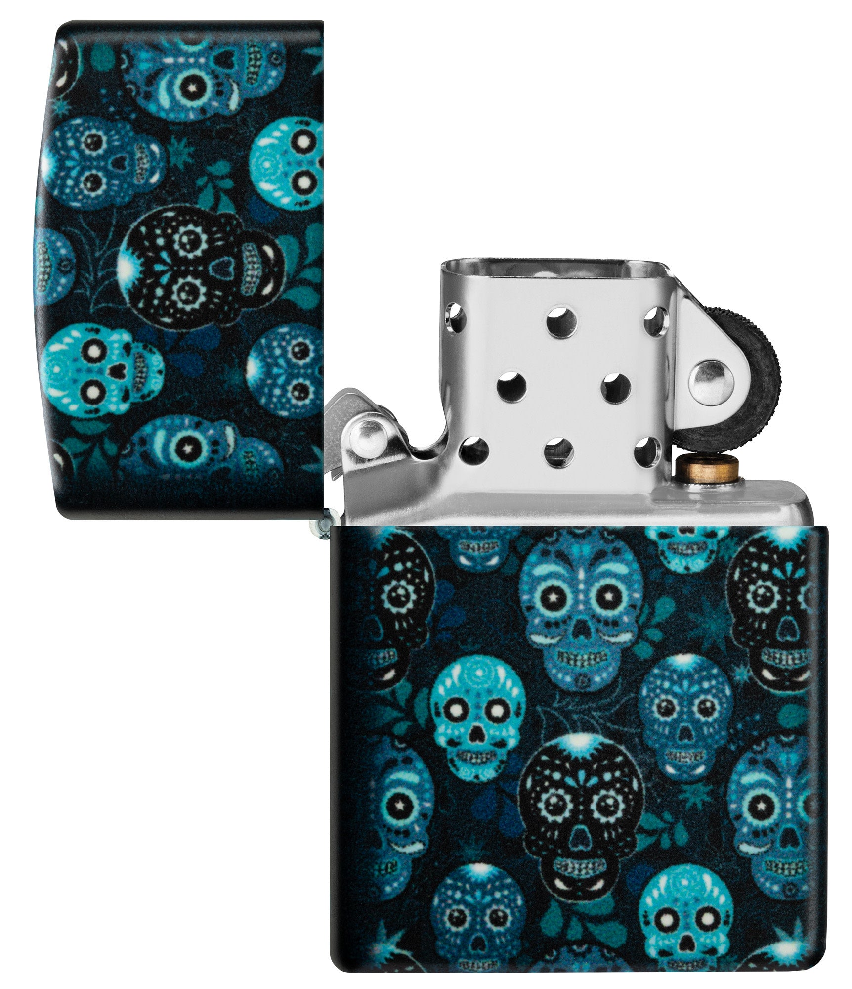 Zippo Sugar Skulls Design Glow in the Dark Matte Windproof Lighter with its lid open and unlit.