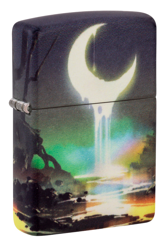 Front shot of Zippo Moon Dream Design 540 Color Glow in the Dark Windproof Lighter standing at a 3/4 angle.