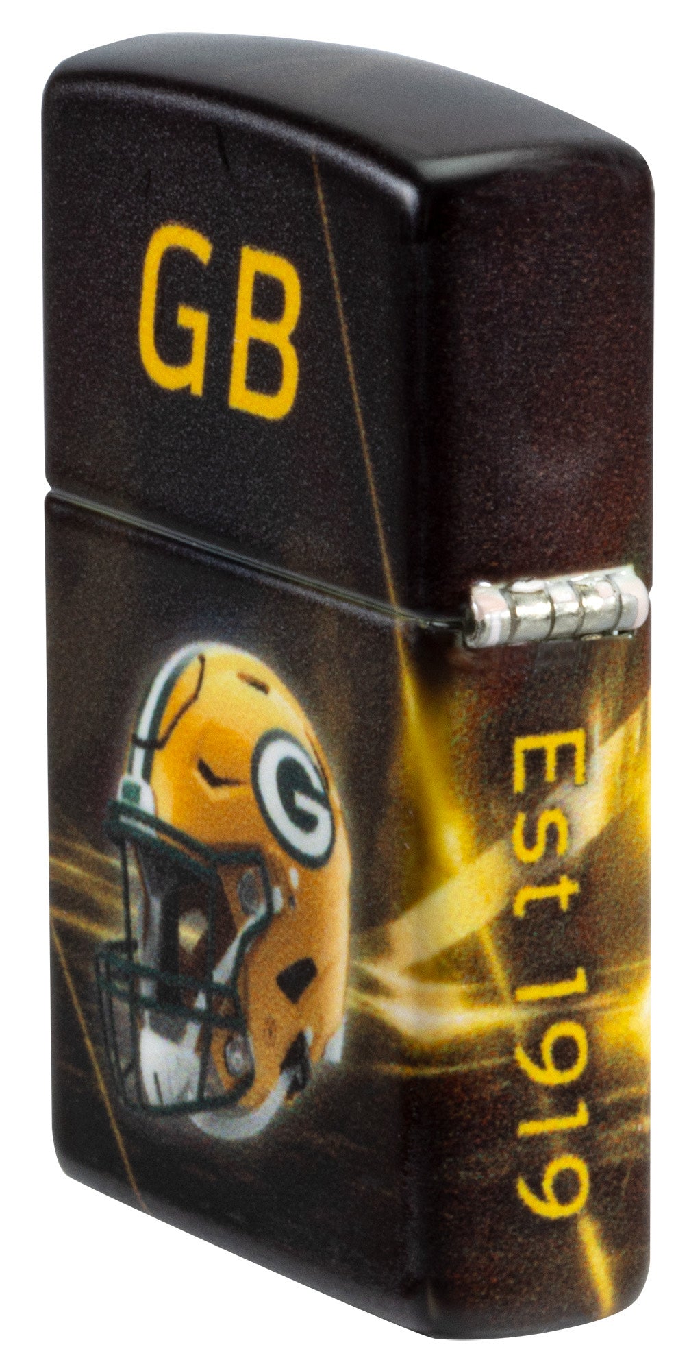 Angled shot of Zippo NFL Green Bay Packers 540 Matte Windproof Lighter showing the back and hinge sides of the lighter.