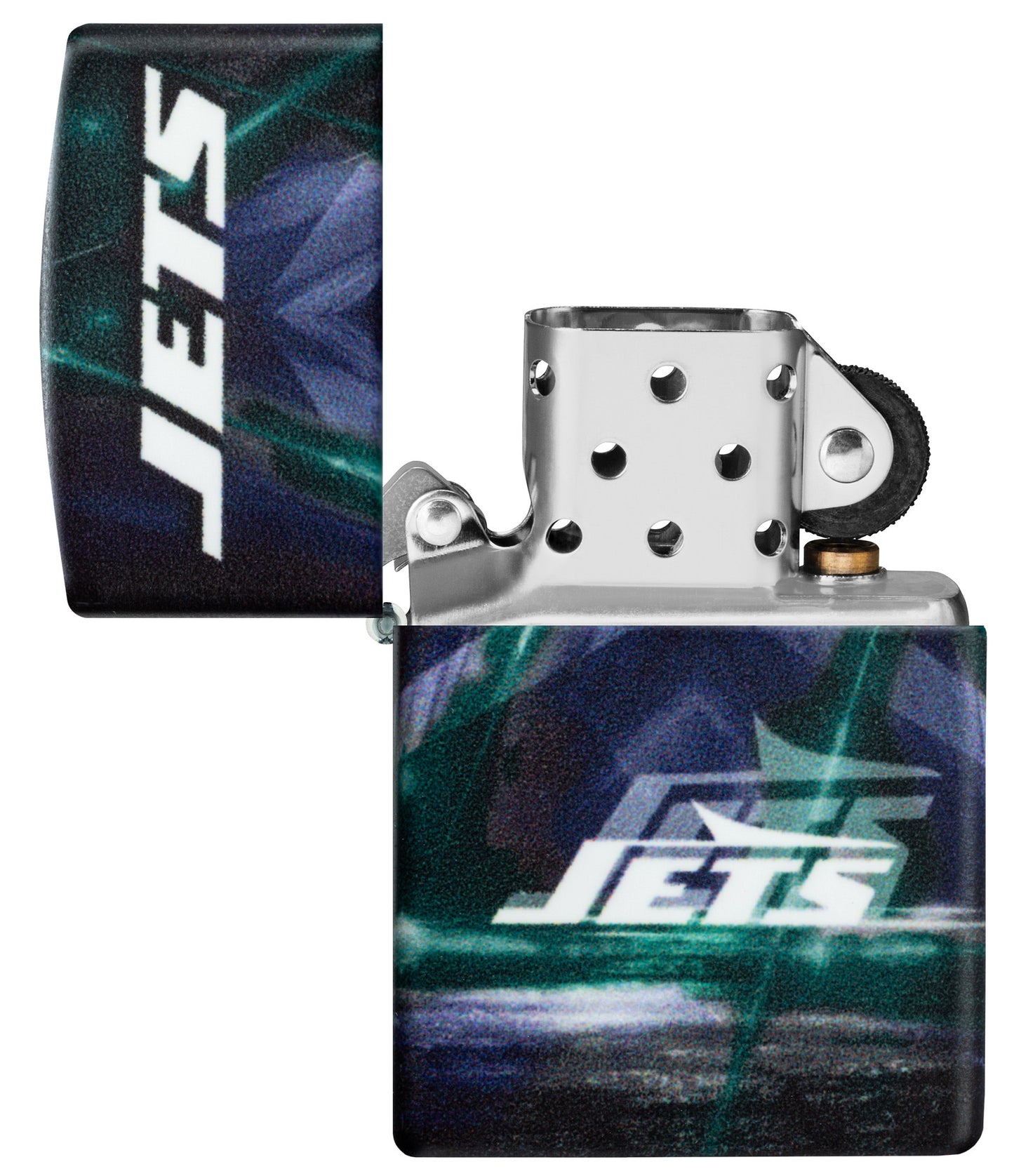 Zippo NFL New York Jets 540 Matte Windproof Lighter with its lid open and unlit.