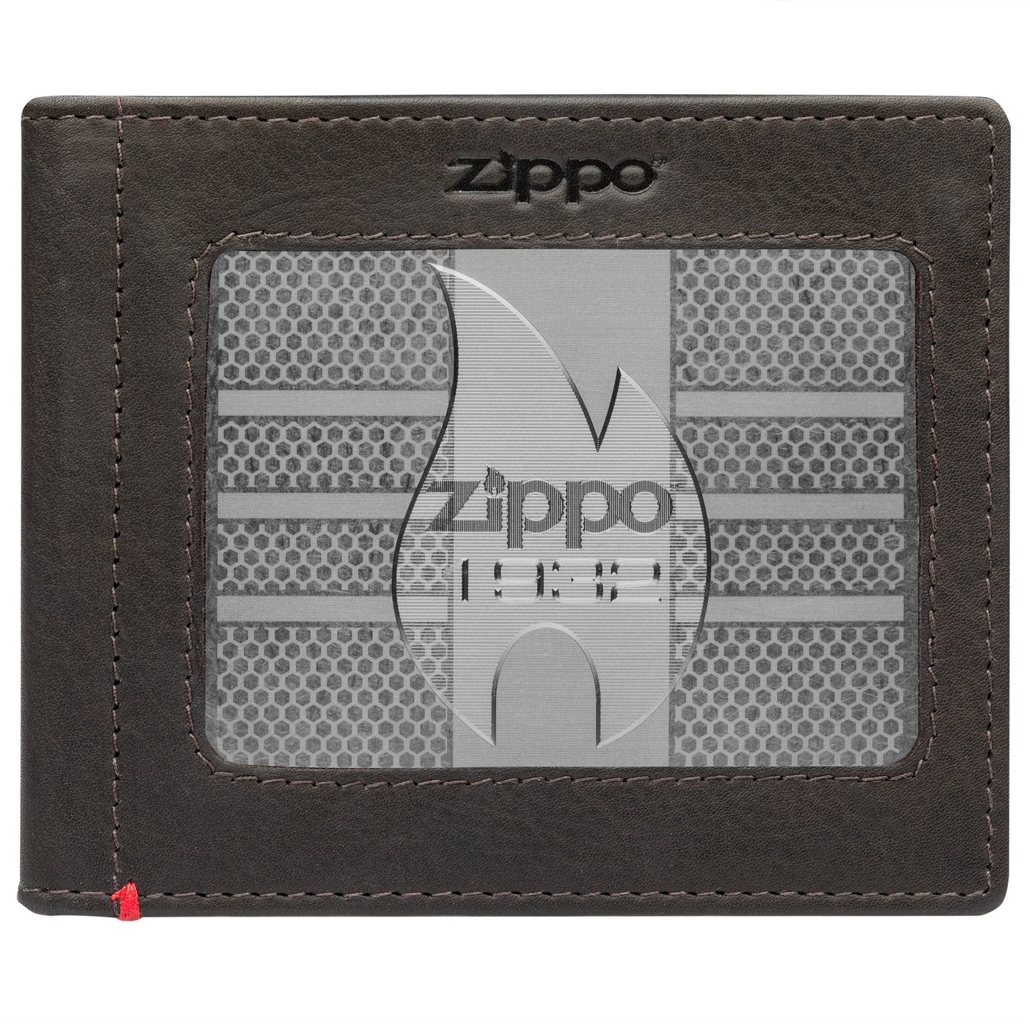 Front of mocha Leather Wallet With Zippo 1932 Metal Plate - ID Window