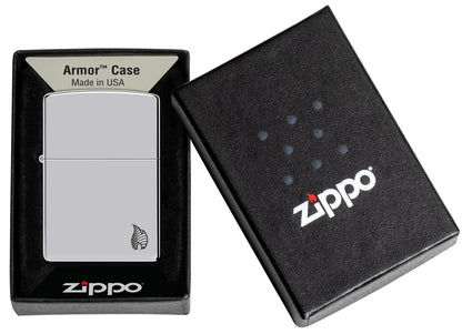 Zippo Armor® Series Flame High Polish Chrome Windproof Lighter in its packaging.