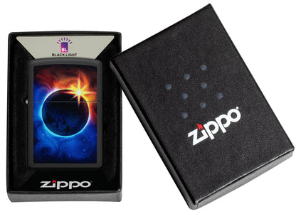 Zippo Eclipse Design Black Matte Windproof Lighter in its packaging.