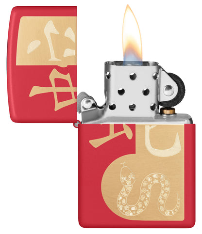 Zippo Year of the Snake 2025 Red Matte Windproof Lighter with its lid open and lit.