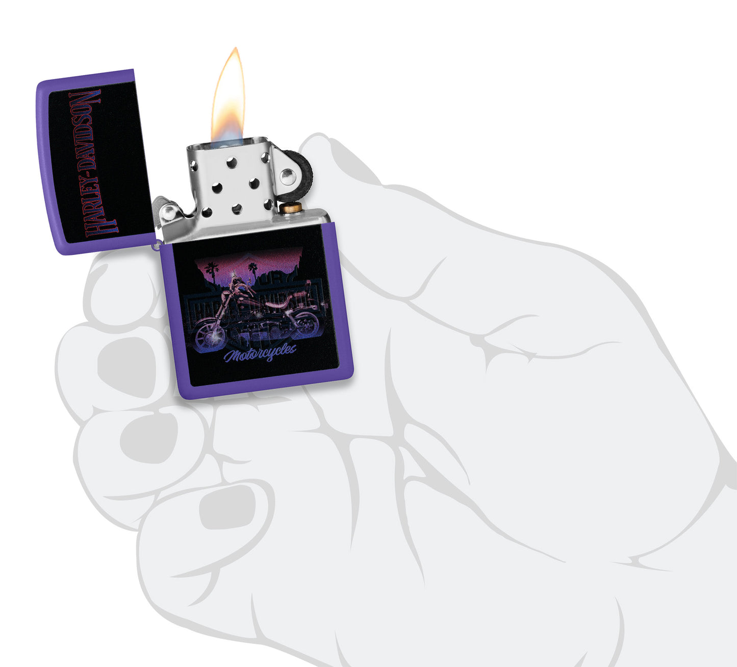 Zippo Harley Davidson® Black Light Purple Matte Windproof Lighter lit in hand.