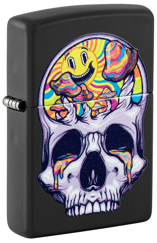 Front shot of Zippo Skull Moon Design Black Matte Windproof Lighter standing at a 3/4 angle.