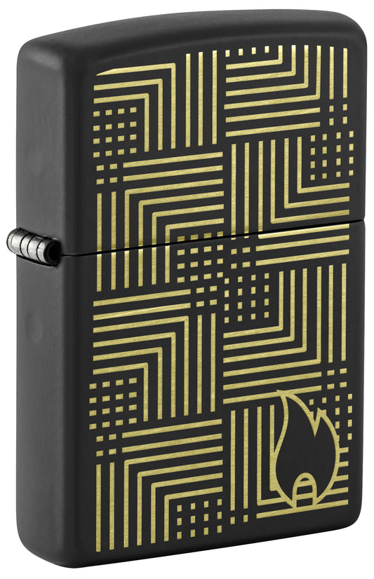 Front shot of Zippo Reflection Design Black Matte Windproof Lighter standing at a 3/4 angle.