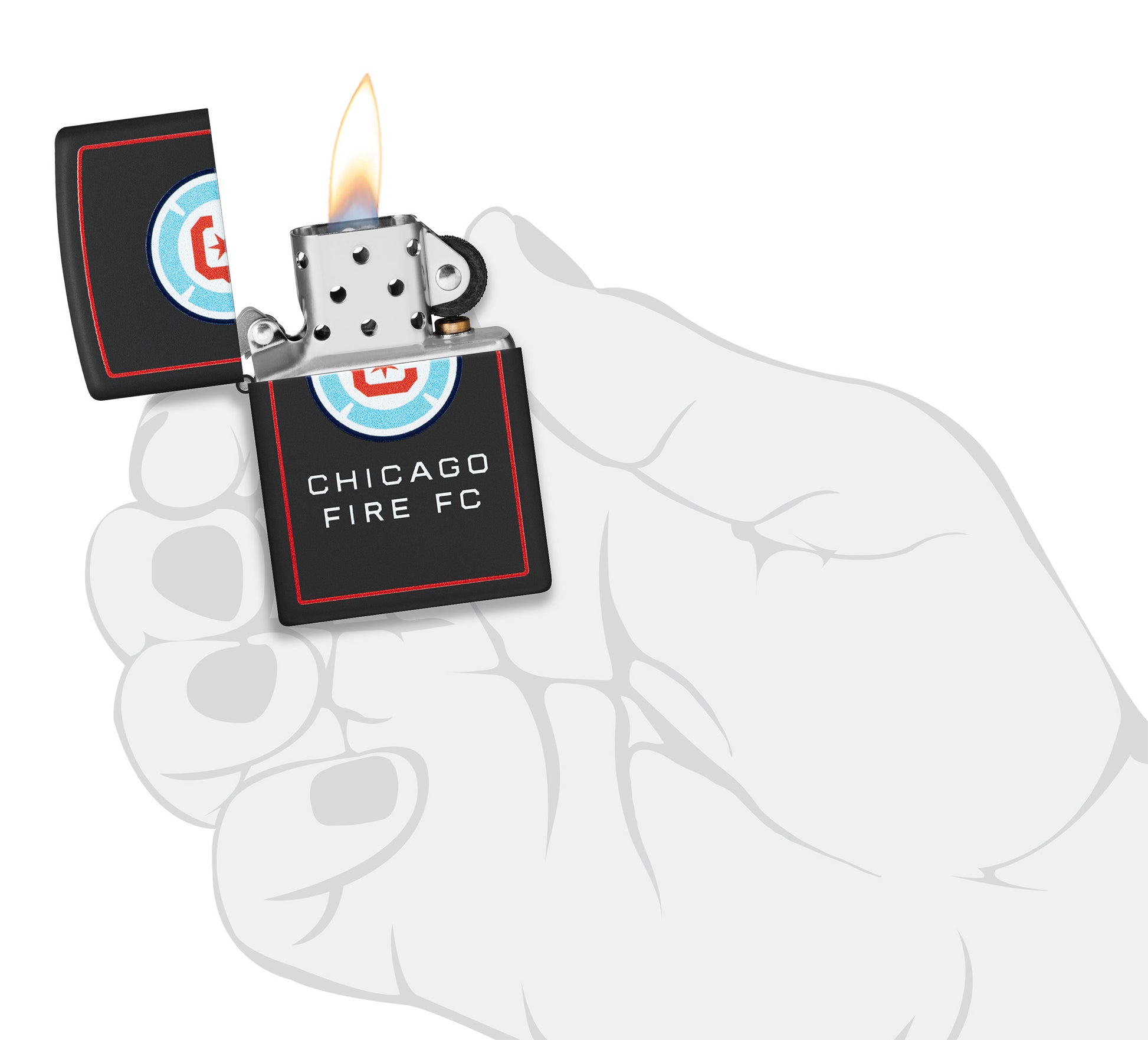 Zippo Chicago Fire FC Windproof Lighter lit in hand.