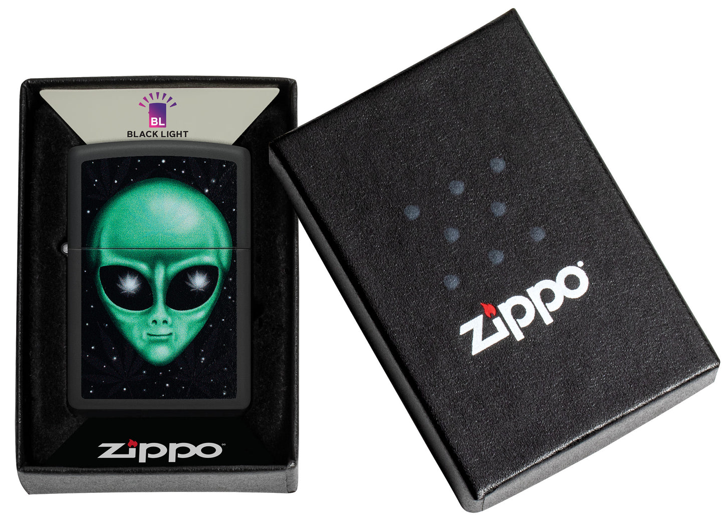 Zippo Alien Leaf Design Black Matte Windproof Lighter in its packaging.