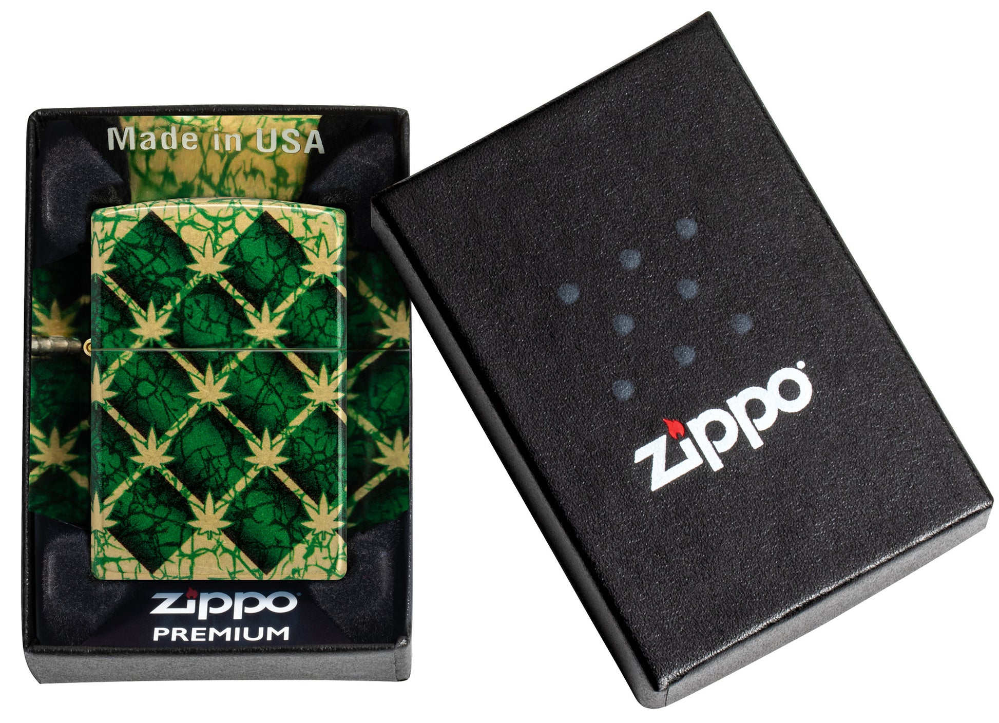 Zippo Argyle Leaf Design 540 Tumbled Brass Windproof Lighter in its packaging.