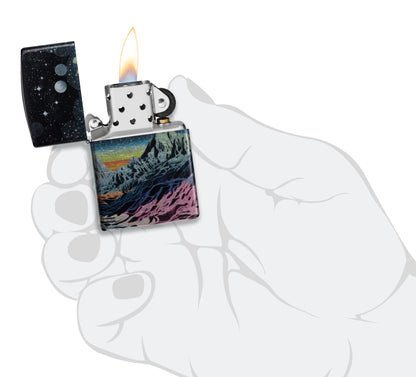 Zippo Space in Color Design 540 Tumbled Chrome Windproof Lighter lit in hand.