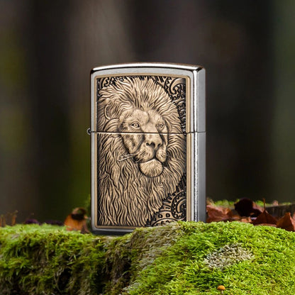 Lifestyle image of Zippo Lion Emblem Street Chrome Windproof Lighter standing at a 3/4 angle on an old mossy tree stump, showing the front and non-hinge side of the lighter.