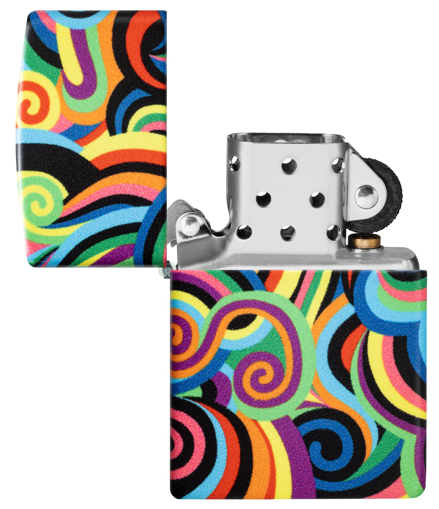 Zippo Rick Rietveld Glowing Swirls Design Glow in the Dark Windproof Lighter with its lid open and unlit.