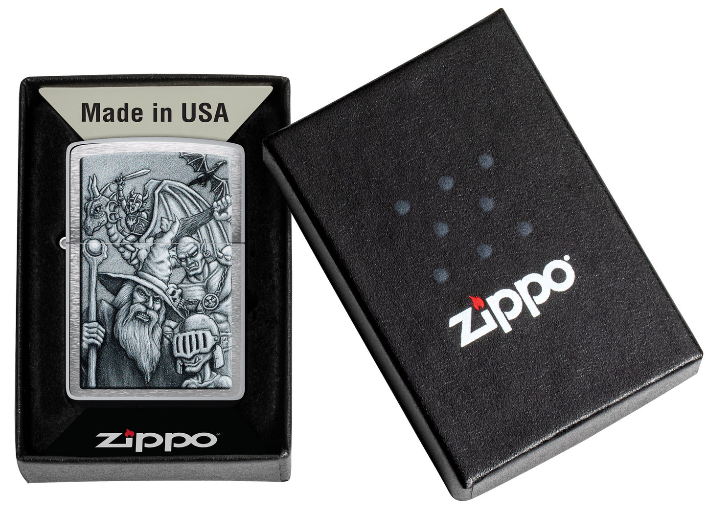 Zippo Mystical Beings Design Brushed Chrome Windproof Lighter in its packaging.