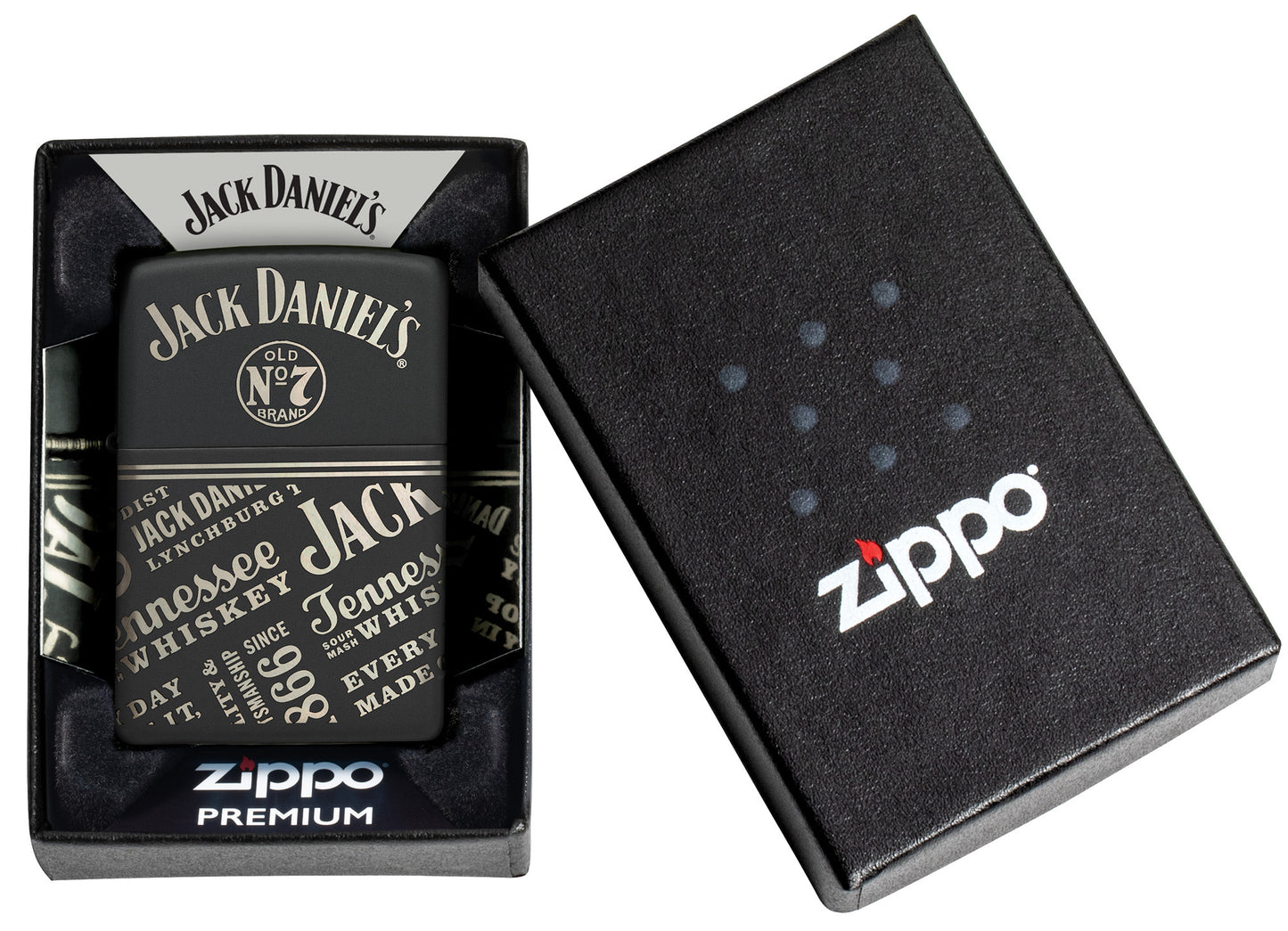 Zippo Jack Daniel's® Every Drop Design Regular Media Chrome Black Matte Windproof Lighter in its packaging.