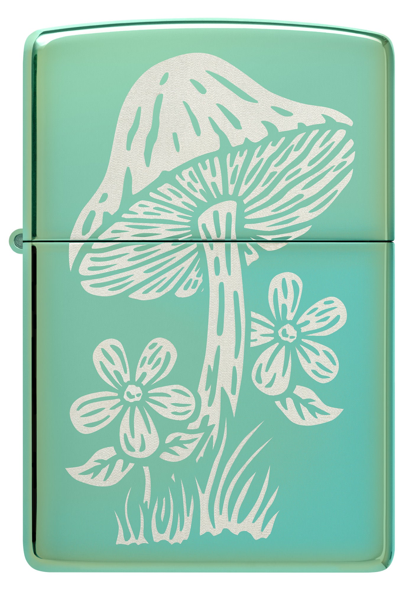 Front view of Zippo Mushroom Design High Polish Green Windproof Lighter.