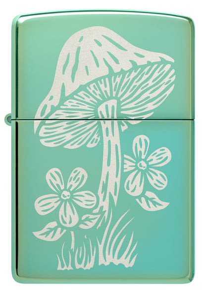 Front view of Zippo Mushroom Design High Polish Green Windproof Lighter.