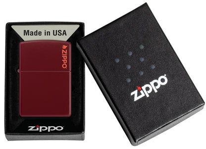 Zippo Classic Merlot Logo Windproof Lighter in its packaging.