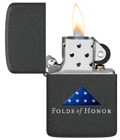 Zippo Folds of Honor Black Crackle Windproof Lighter with its lid open and lit.