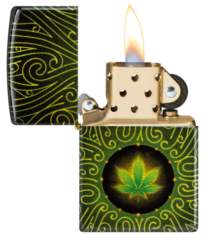 Zippo Cannabis Maze Design 540 Tumbled Brass Windproof Lighter with its lid open and lit.