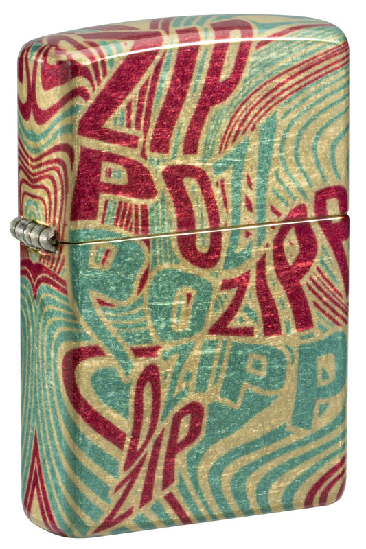 Front shot of Zippo Zag Design 540 Tumbled Brass Windproof Lighter standing at a 3/4 angle.