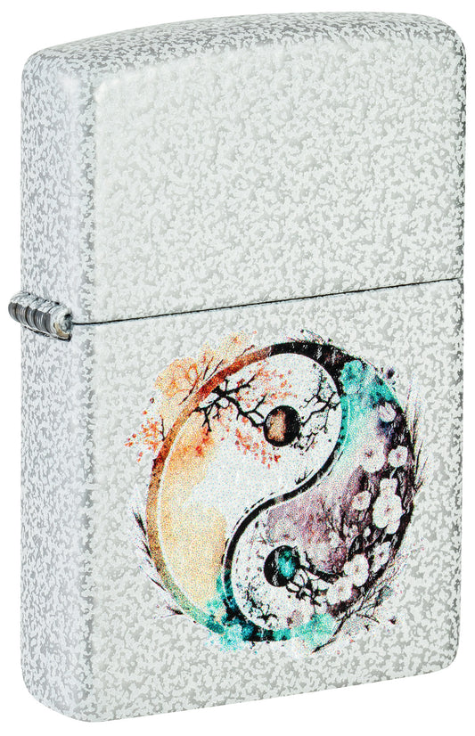 Front shot of Zippo Floral Yin and Yang Design Glacier Windproof Lighter standing at a 3/4 angle.