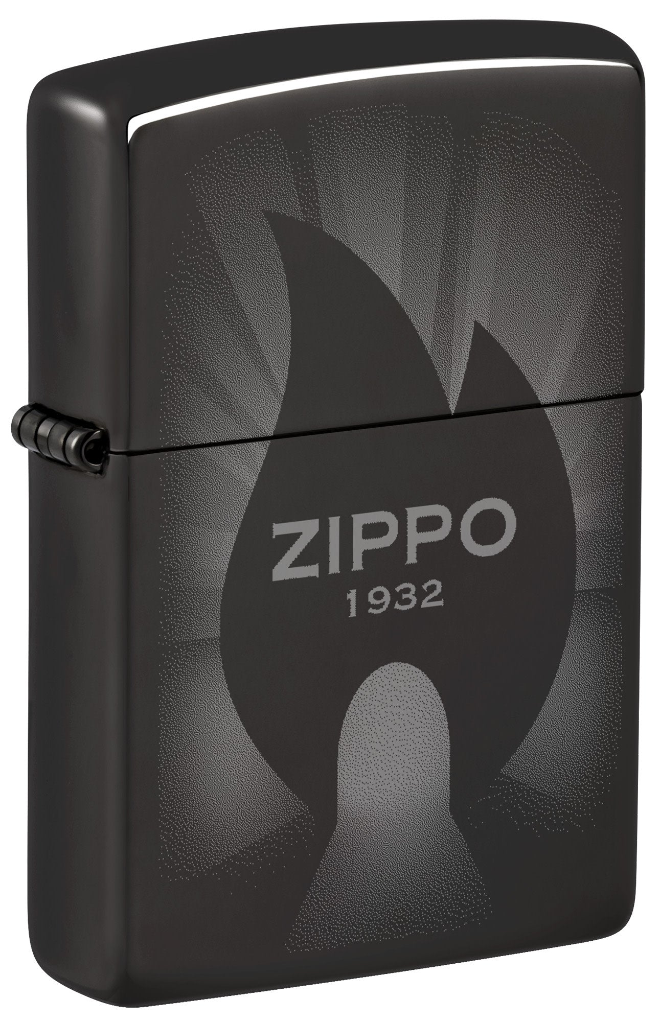 Front shot of Zippo Radiant Zippo Design High Polish Black Windproof Lighter standing at a 3/4 angle.