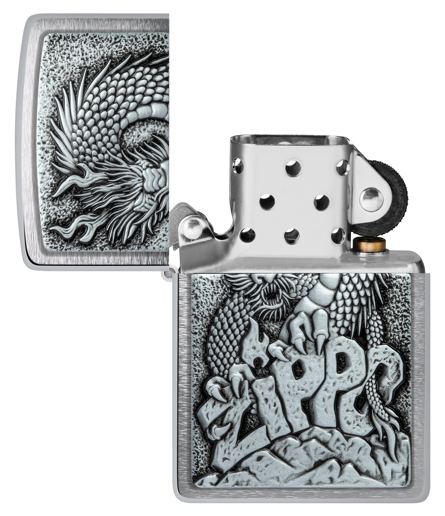 Zippo Design Brushed Chrome Windproof Lighter with its lid open and unlit.