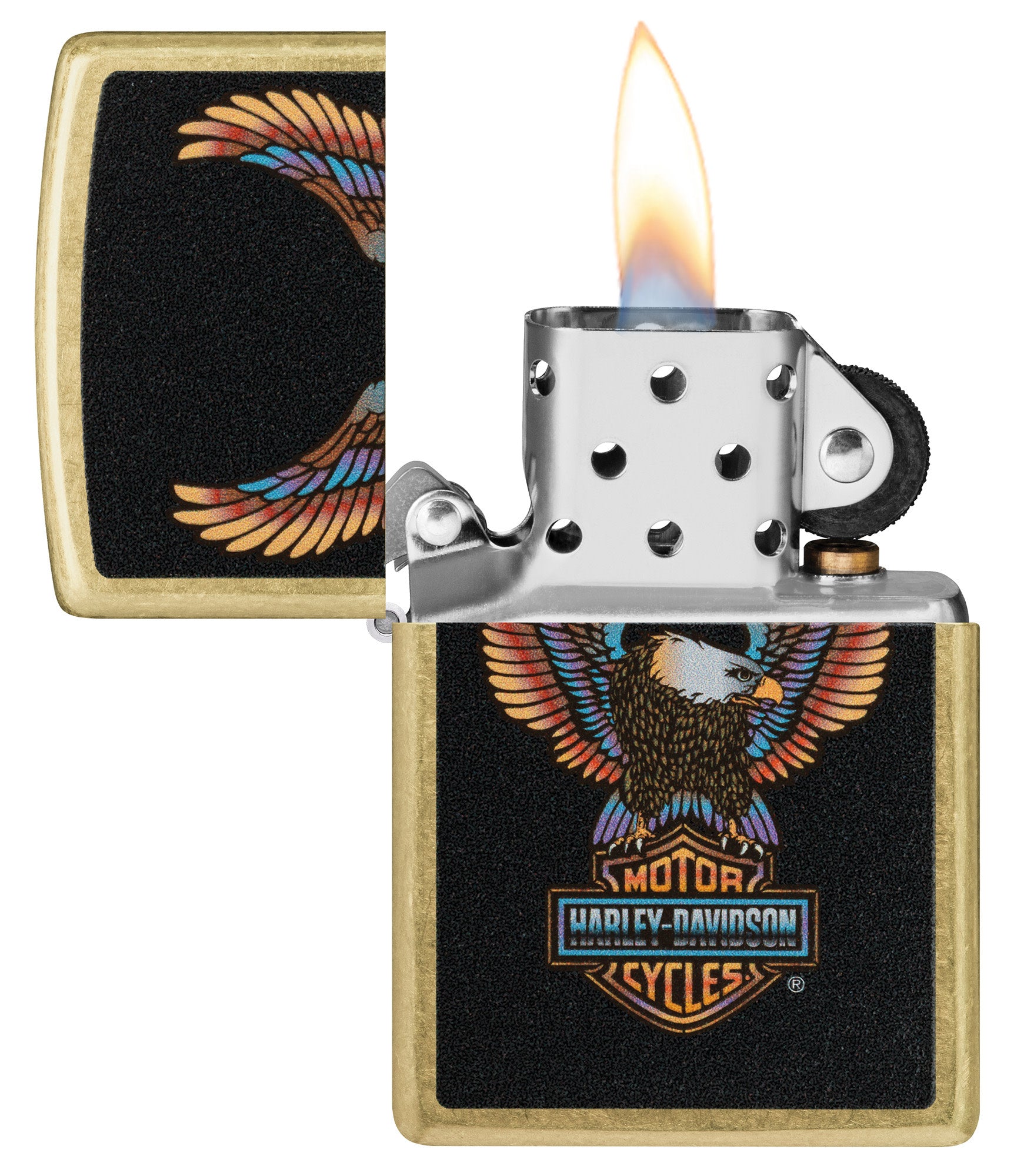 Zippo Harley-Davidson® Eagle Street Brass Windproof Lighter with its lid open and lit.