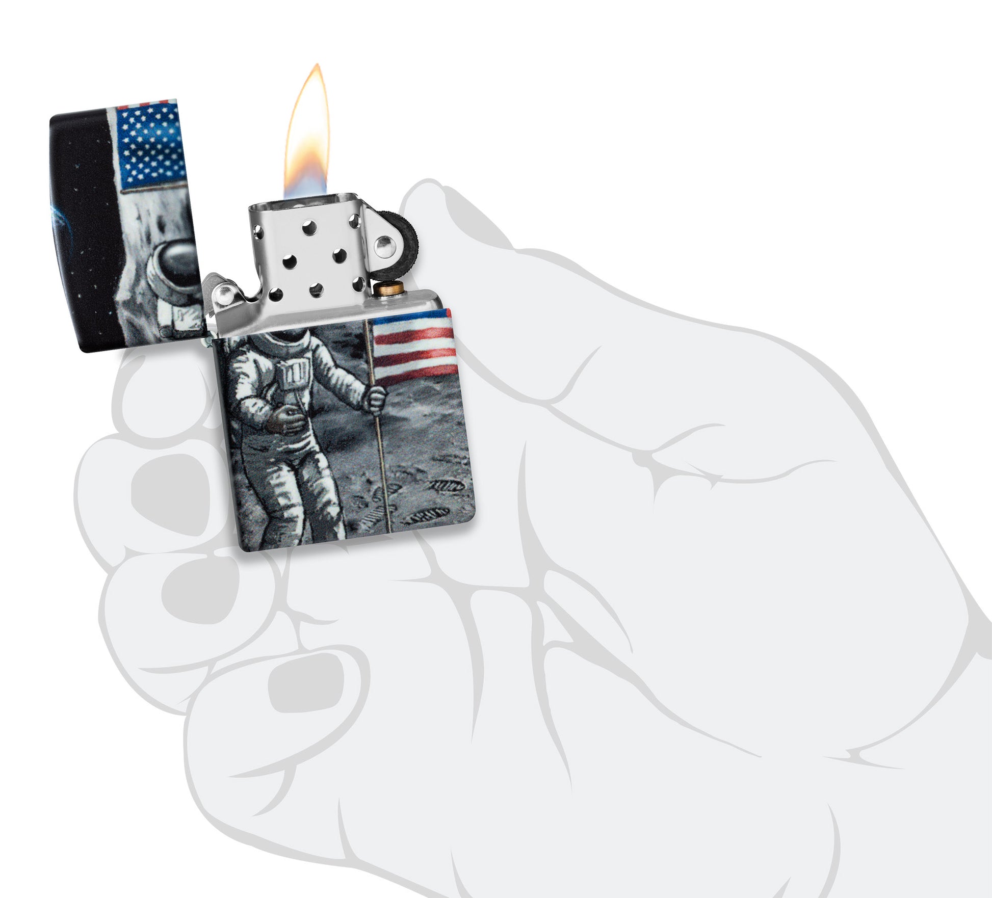 Zippo Moon Landing Design Glow in the Dark Windproof Lighter lit in hand.