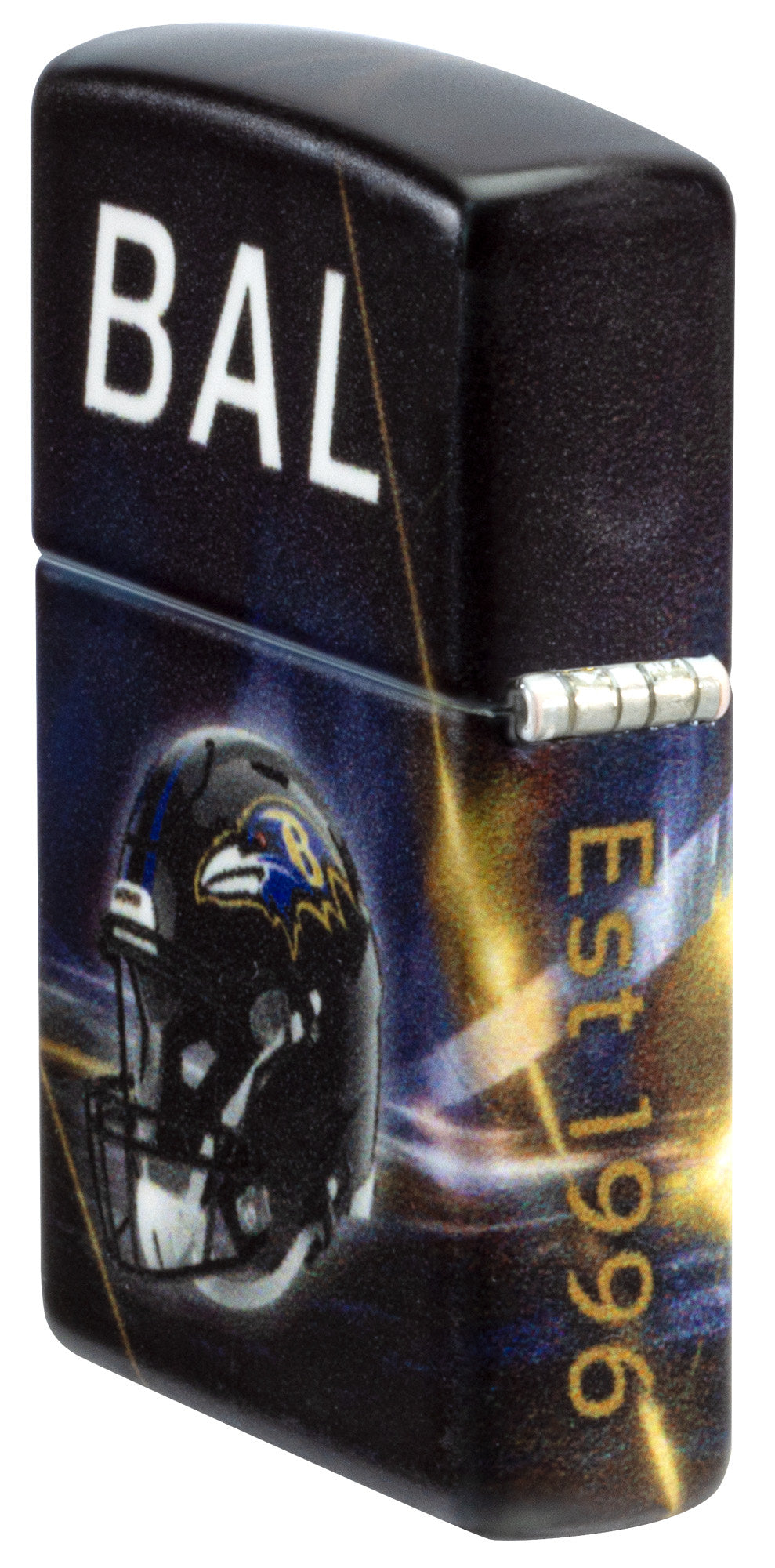 Angled shot of Zippo NFL Baltimore Ravens 540 Matte Windproof Lighter showing the back and hinge sides of the lighter.