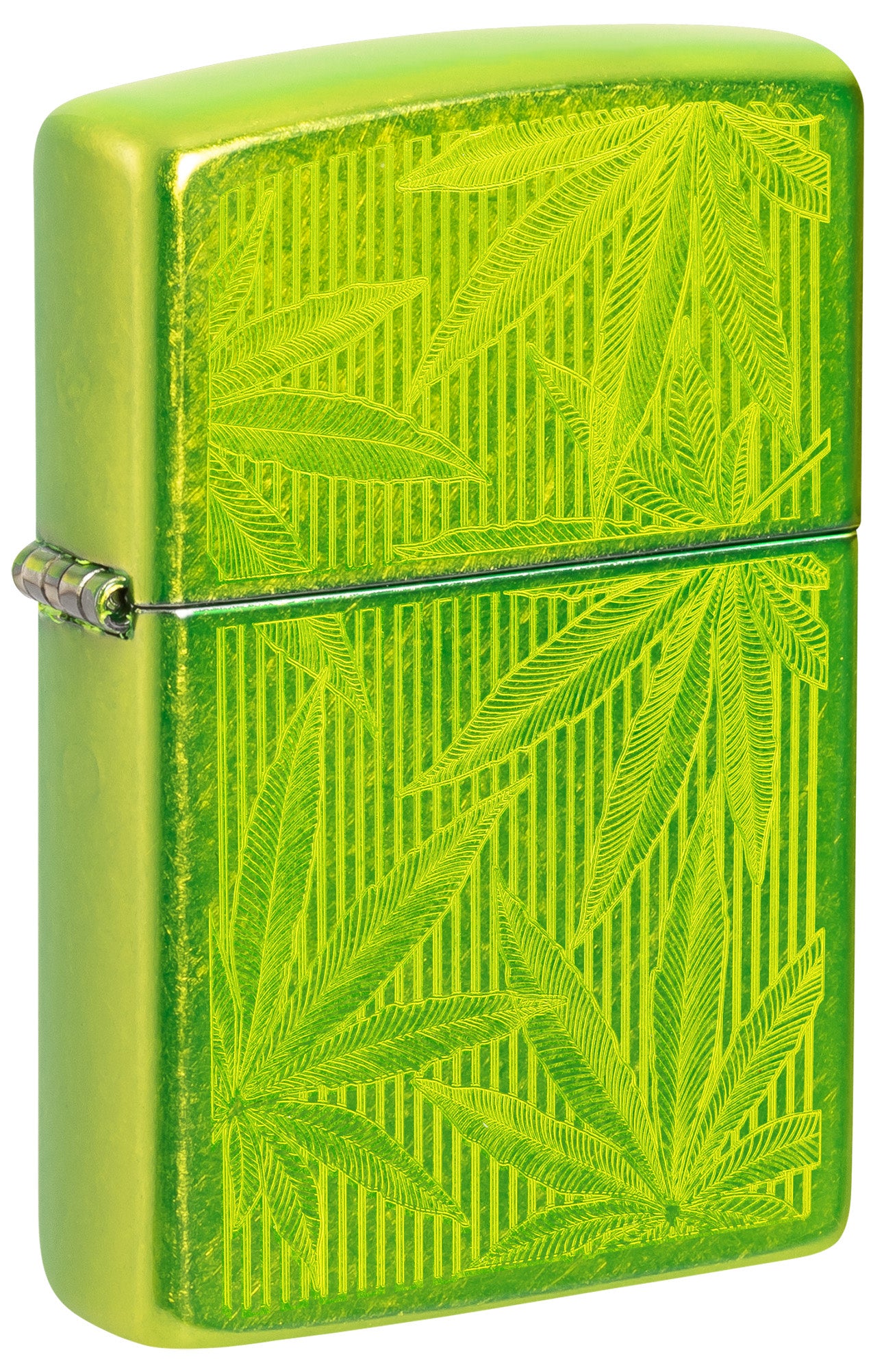 Front shot of Zippo Iced Cannabis Design Lurid Windproof Lighter standing at a 3/4 angle.