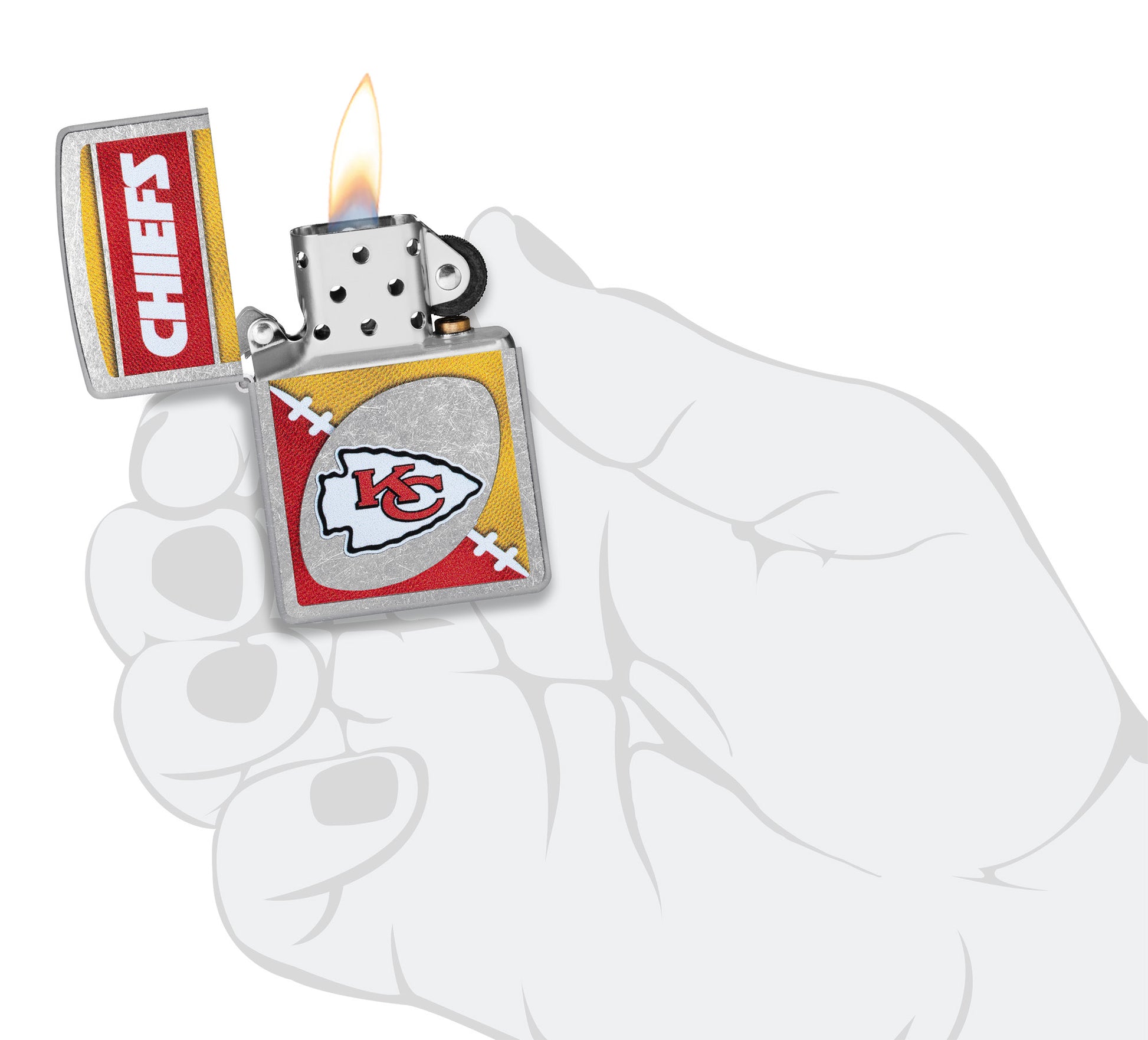 Zippo NFL Kansas City Chiefs Street Chrome Windproof Lighter lit in hand.