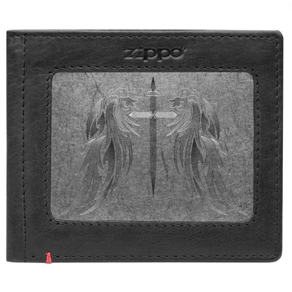 Front of black Leather Wallet With Cross Wings Metal Plate Design - ID Window