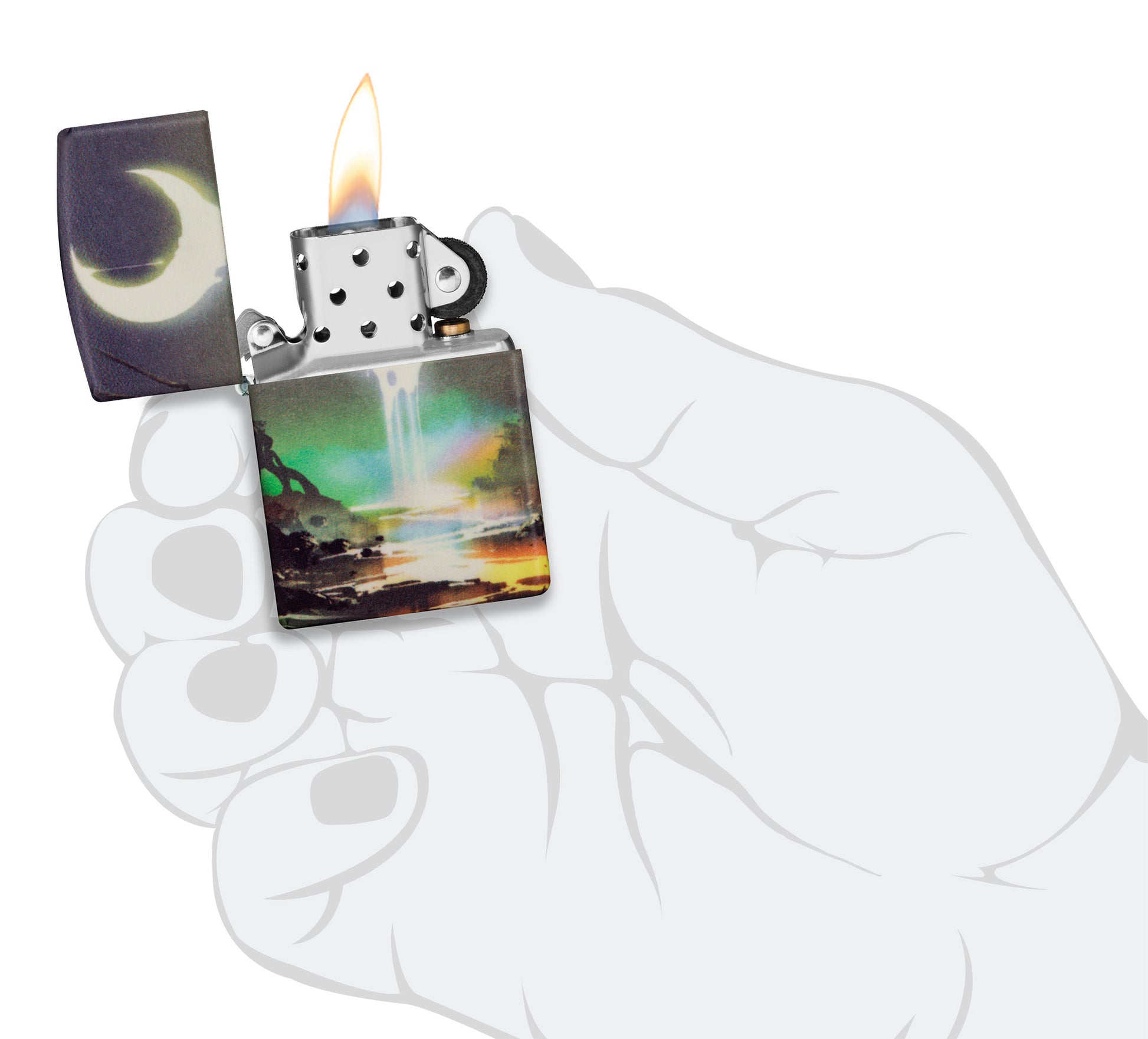 Zippo Moon Dream Design 540 Color Glow in the Dark Windproof Lighter lit in hand.