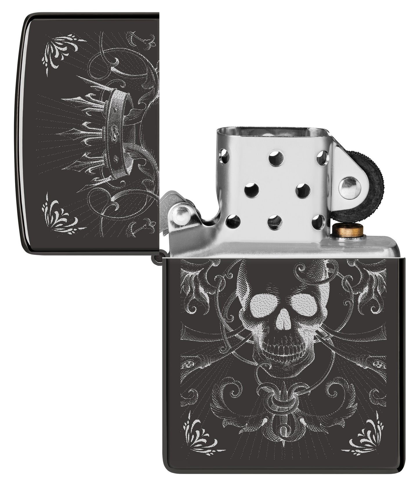 Zippo Royal Skull Design High Polish Black Windproof Lighter with its lid open and unlit.