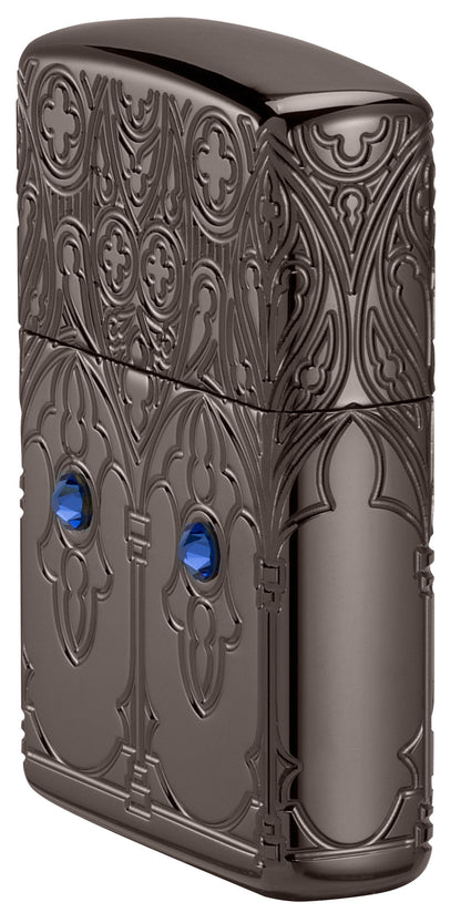 Angled shot of Zippo Gothic Window Design Armor® Black Ice® Windproof Lighter showing the front and right sides of the lighter.