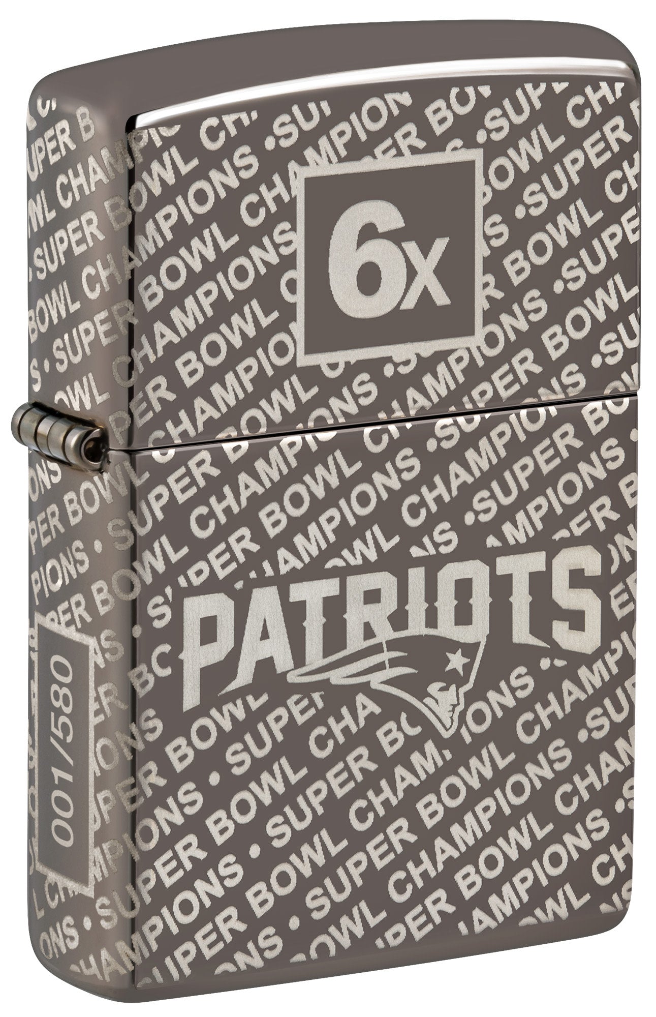 Front shot of Zippo NFL New England Patriots Super Bowl Commemorative Armor Black Ice Windproof Lighter standing at a 3/4 angle.