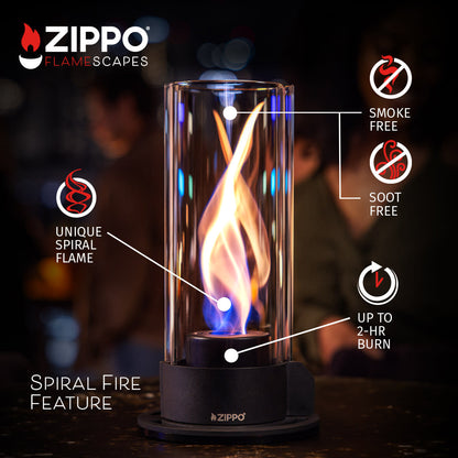 Lifestyle image of Zippo FlameScapes™ Spiral Fire Feature in black with product feature callouts.