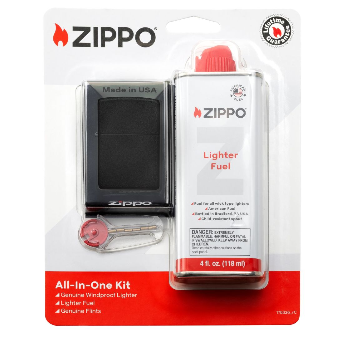Zippo All-In-One Gift Set with Classic Black Crackle® Windproof Lighter in its packaging