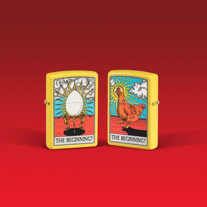 Glamour shot of two Zippo Which Came First? Design Sunflower Yellow Matte Windproof Lighter standing in a red scene.